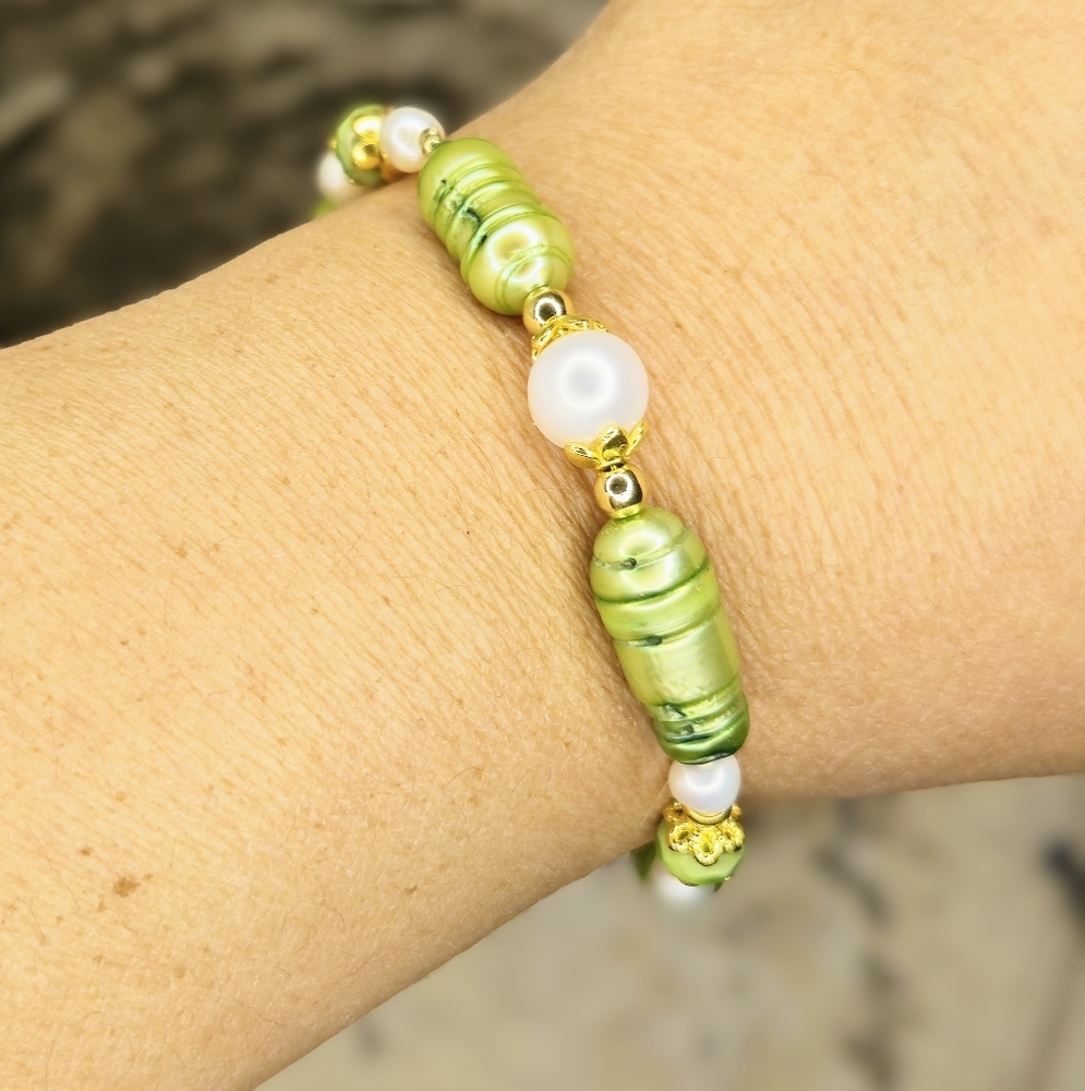 Green And White Freshwater Pearls In Gold Plated Bracelet